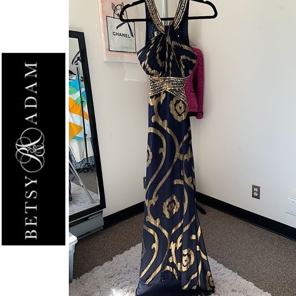 BETSEY & ADAM Open Back Cut Out Dress Blue Gold Size 2 - Picture 15 of 15